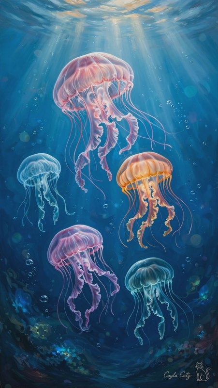 Five translucent pastel jellyfish float beneath sunbeams in a deep blue underwater scene