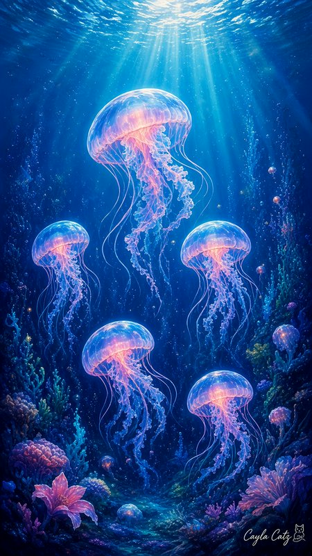 Iridescent glowing jellyfish float gently above a coral reef in sunlit deep blue ocean water