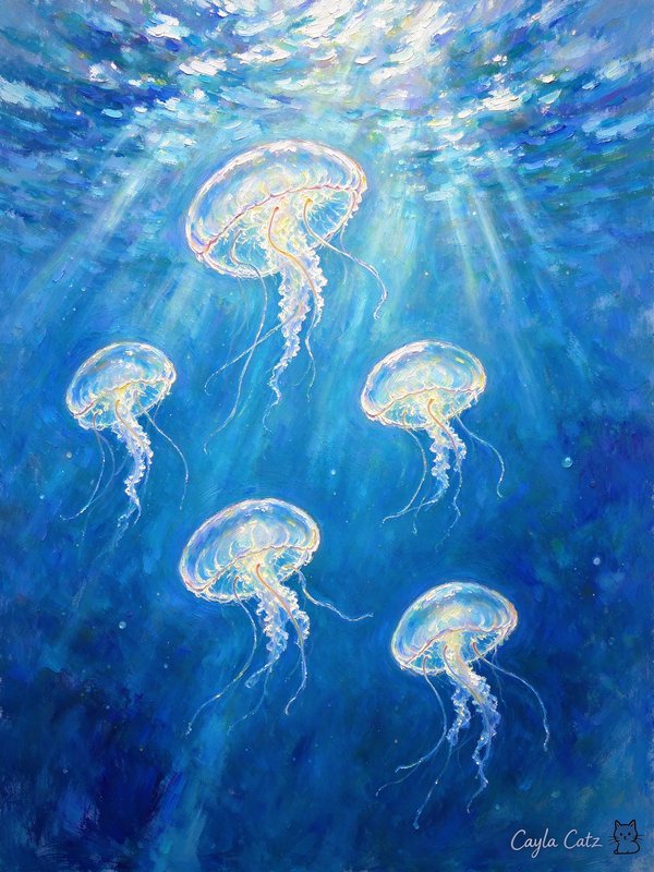 Five translucent glowing jellyfish drift through sunbeams in a deep blue underwater scene