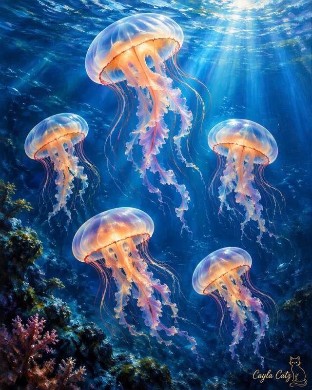 Five glowing translucent jellyfish drift in sunlit deep blue ocean above a coral reef
