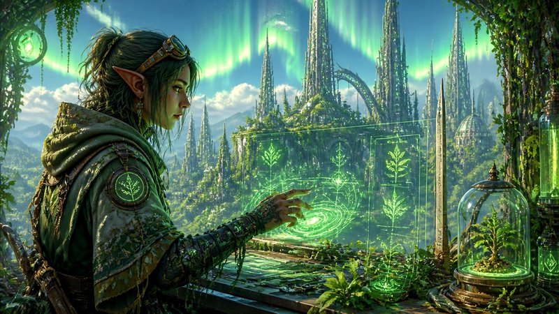 Elven botanist interacts with glowing green holograms overlooking an overgrown fantasy spire city under auroras