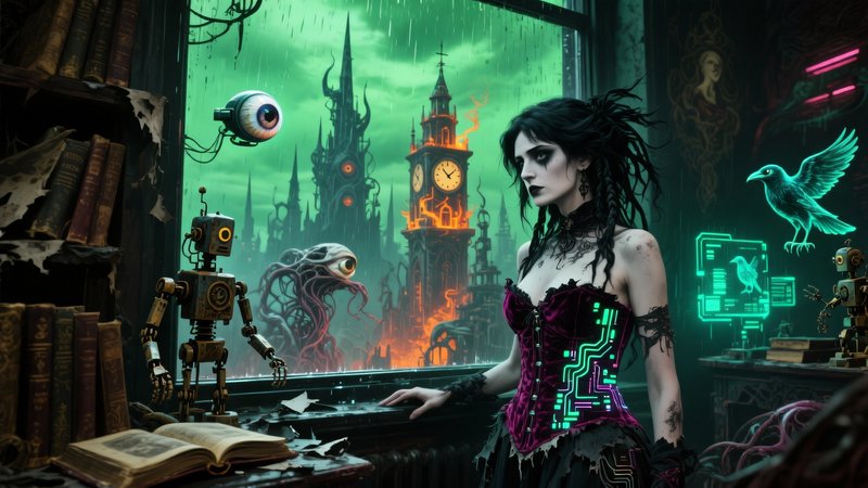Gothic cyberpunk woman in a glowing circuit corset stands by a window overlooking a stormy gothic...