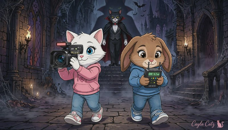 Anthropomorphic cat and rabbit paranormal investigators explore a haunted castle as a vampire cat looms behind them