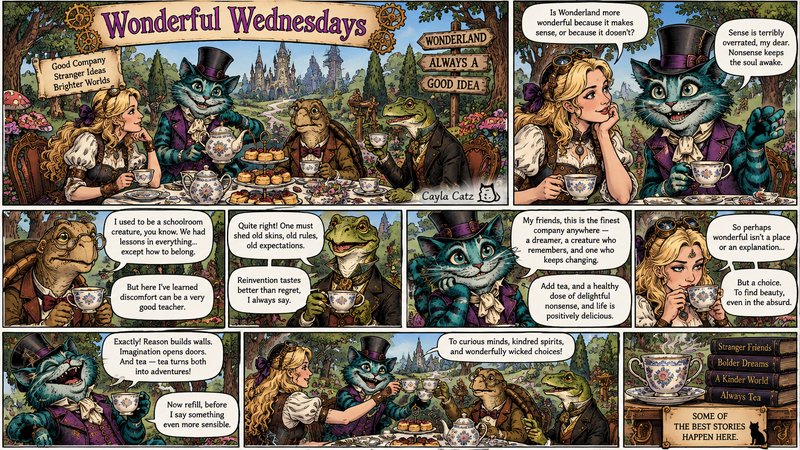 Whimsical steampunk Alice in Wonderland comic strip of characters gathered for a garden tea party