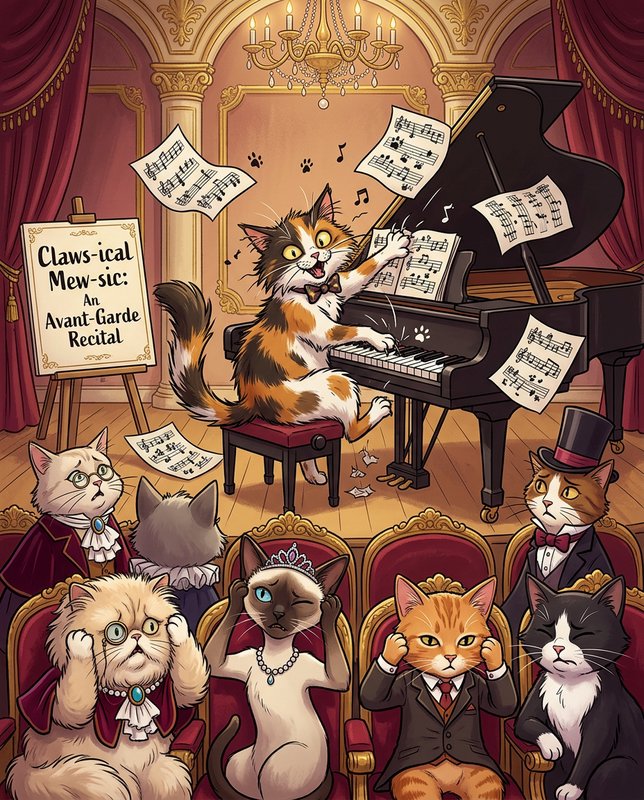 Chaotic calico cat plays grand piano as formally dressed cat audience cringes at a silly classical recital