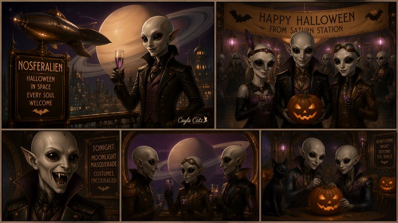 Collage of steampunk alien vampire characters celebrating Halloween at a Saturn orbital space station
