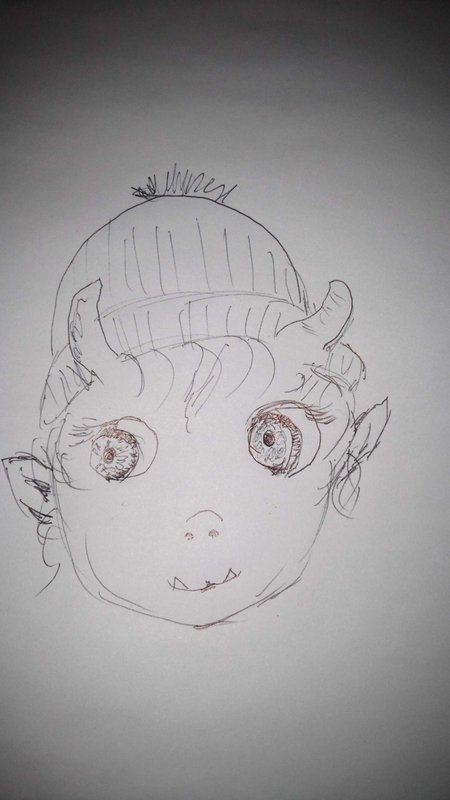 Hand drawn pen sketch of a horned fantasy tiefling character wearing a knit beanie