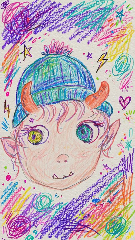 Whimsical crayon sketch of a cute horned fantasy character wearing a knit beanie surrounded by br...