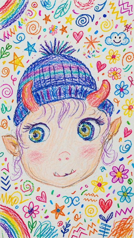 Whimsical crayon drawing of a cute horned fantasy character in a knit beanie surrounded by bright...