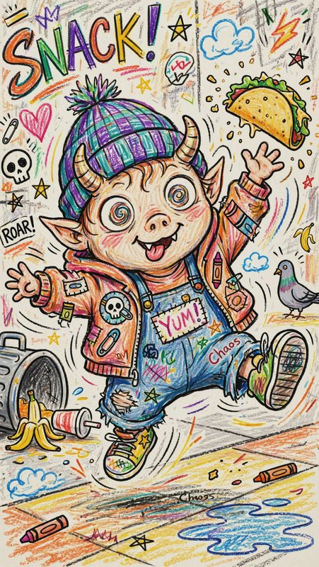 Cheerful horned goblin kid in a striped knit beanie reaches excitedly for a floating taco in a cr...