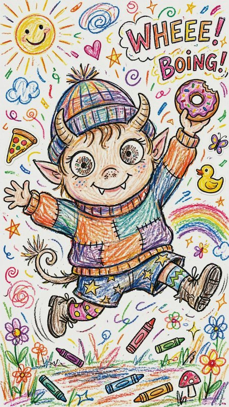 Cheerful horned imp child jumps for joy holding a donut in a bright colorful crayon doodle illust...