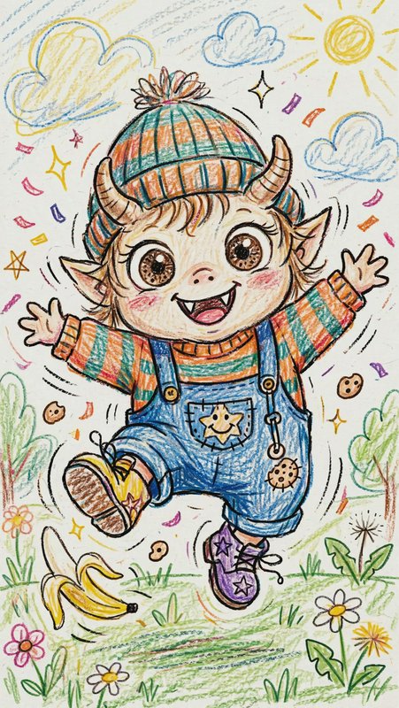 Cute chibi horned fantasy kid jumps for joy in a sunny meadow colored pencil drawing