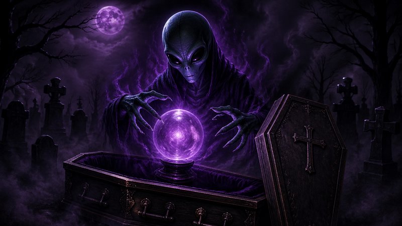 Hooded alien sorcerer conjuring glowing purple orb above an open coffin in a foggy moonlit graveyard