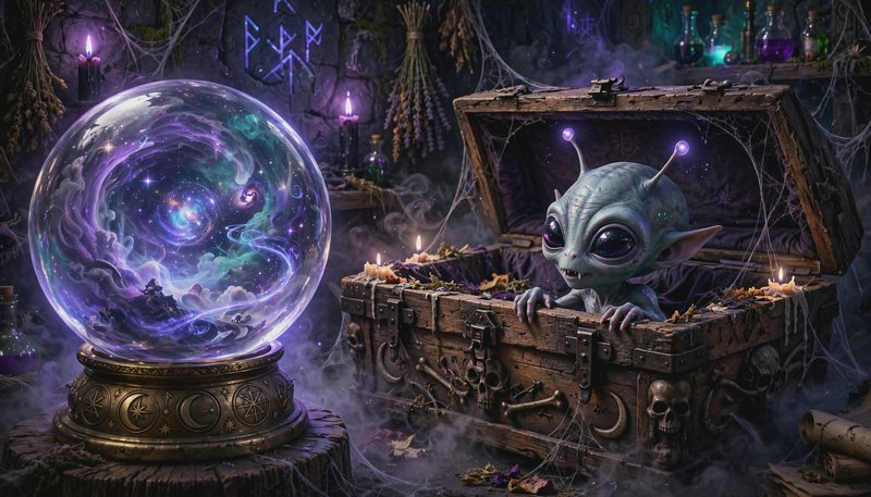 Cute big-eyed alien peeks from a carved wooden chest next to a glowing galaxy crystal ball in a s...
