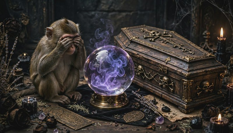 Rhesus monkey covers its eyes beside a glowing purple crystal ball and ornate gothic coffin on a ...