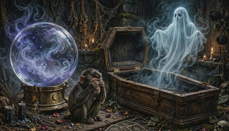 Monkey covering its eyes sits beside a glowing crystal ball as a translucent ghost rises from an ...