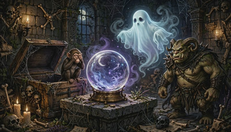Glowing magical crystal ball sits on a dungeon altar between a floating ghost, horned orc, and se...