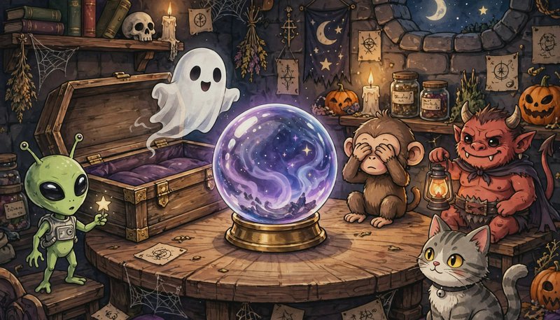 Cute cartoon fantasy characters gather around a glowing starry crystal ball in a cozy spooky wiza...
