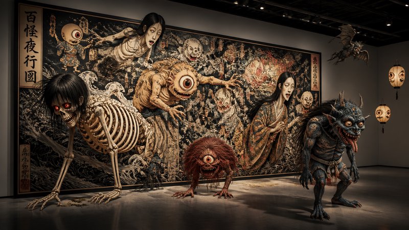 3D yokai monsters emerging from a traditional Japanese Hyakki Yagyo scroll in a modern art gallery