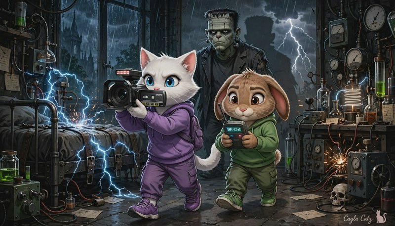 Cute cartoon cat and rabbit film Frankenstein's monster in a sparking stormy mad scientist labora...