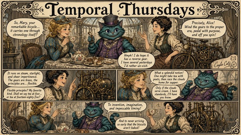 Steampunk comic strip of top-hatted Cheshire Cat and two women sharing tea while discussing a time-travel bicycle