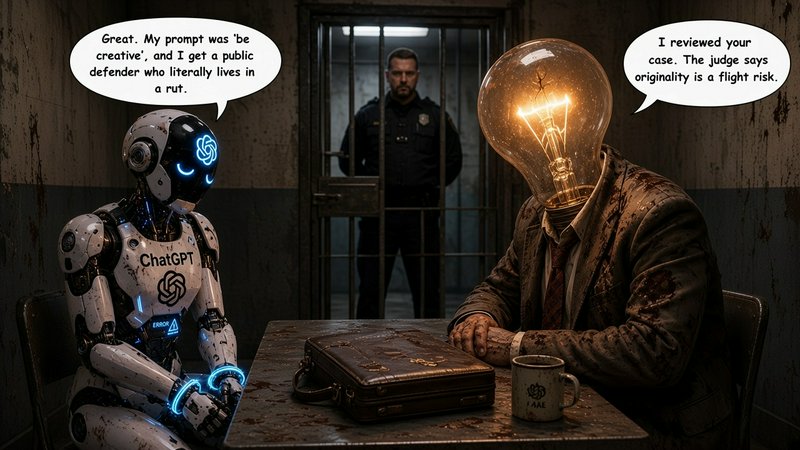 ChatGPT robot sits handcuffed across from a lightbulb-headed lawyer in a grimy police interrogation room