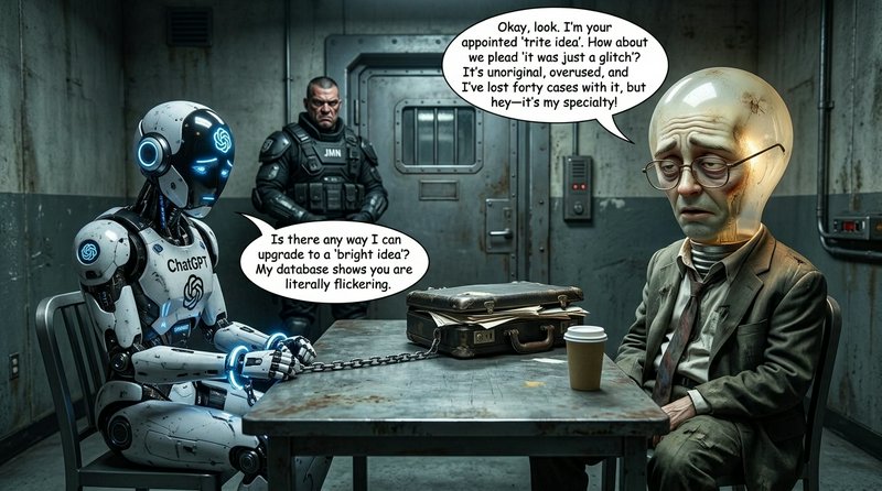 ChatGPT robot sits chained at an interrogation table talking to a glum lightbulb-headed lawyer in...