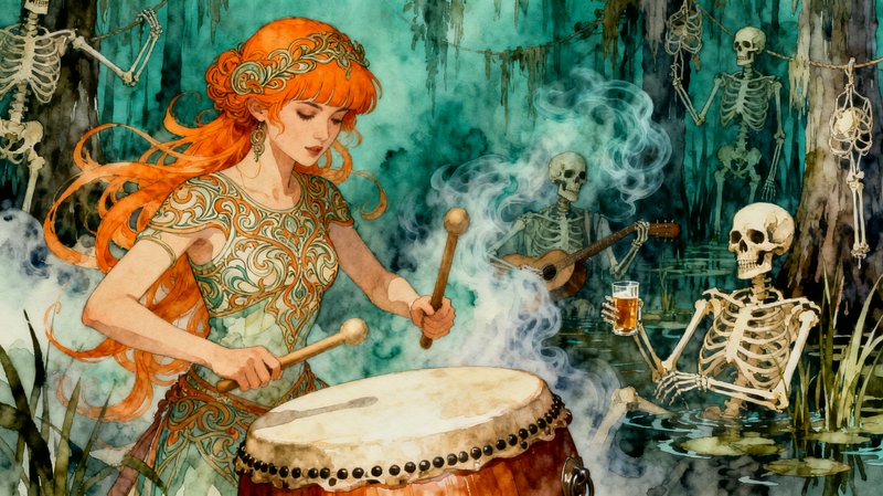 Red haired fantasy woman plays a drum while skeletons party in a misty teal swamp