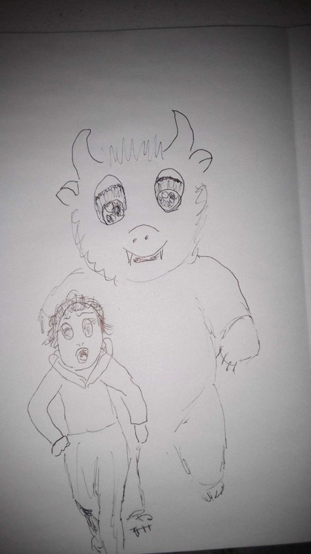 Hand drawn pen sketch of a surprised person standing beside a cute horned monster character