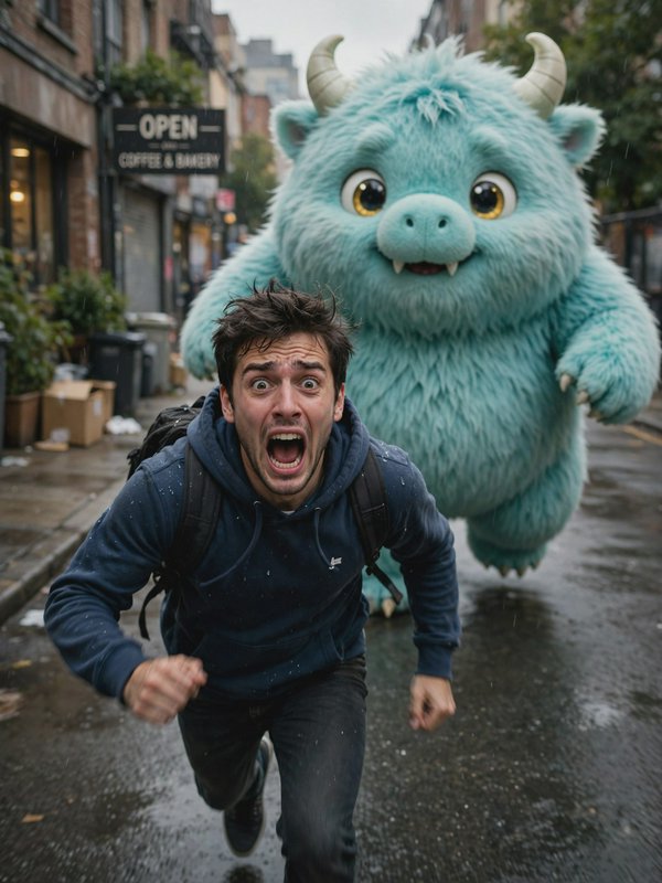 Terrified man runs down a wet city street chased by a fluffy turquoise horned monster