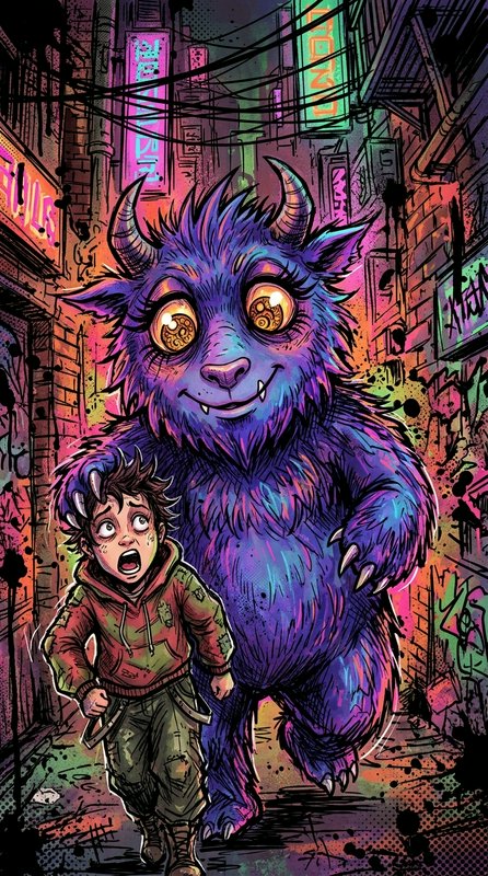 Fluffy purple horned monster walks with a startled teen through a neon graffiti covered city alley