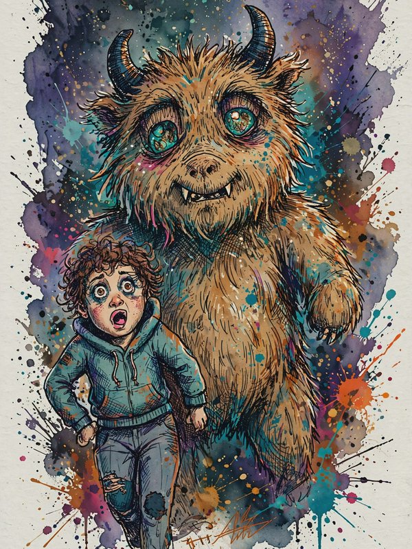 Wide-eyed startled child stands beside a friendly shaggy horned furry fantasy monster