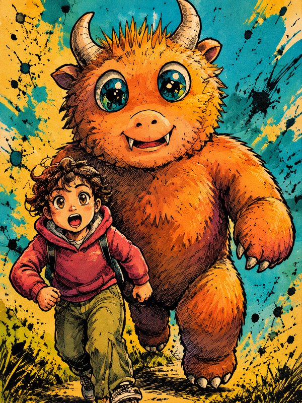 Excited young child walks alongside a friendly fluffy orange horned fantasy monster against a vibrant splattered background