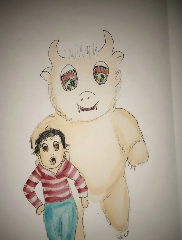 Surprised child in a striped shirt stands beside a large friendly fluffy horned monster