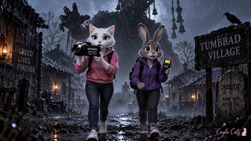 Anthropomorphic cat and rabbit explore spooky rainy Tumbbad village as a giant monster looms behi...