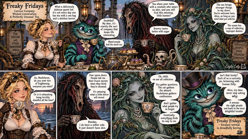 Dark fantasy comic of steampunk Alice enjoying a Freaky Fridays tea party with spooky supernatura...