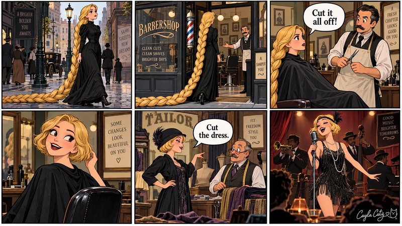 Six panel comic showing Rapunzel cutting her floor-length braid to become a 1920s flapper jazz si...