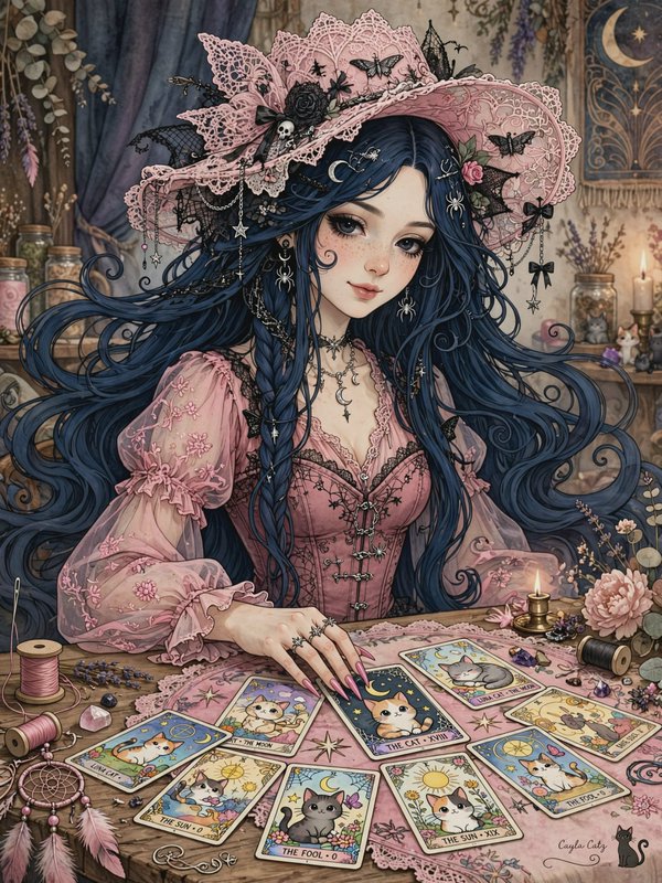 Pastel goth fortune teller with long dark blue hair lays out cat-themed tarot cards at a reading table