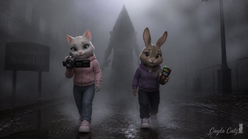 Anthropomorphic cat and rabbit explore foggy Silent Hill as Pyramid Head looms in the mist behind them