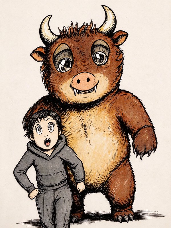 Wide-eyed surprised child standing next to a friendly furry horned fantasy monster companion