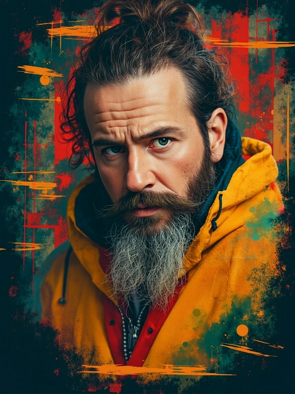 Portrait of a bearded man with a top knot and salt-and-pepper beard wearing a yellow hoodie against an abstract painted