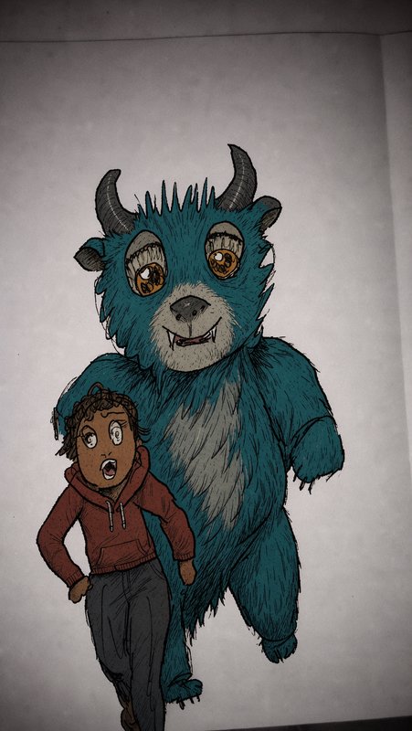 Surprised child walks beside a large friendly teal furry horned monster companion