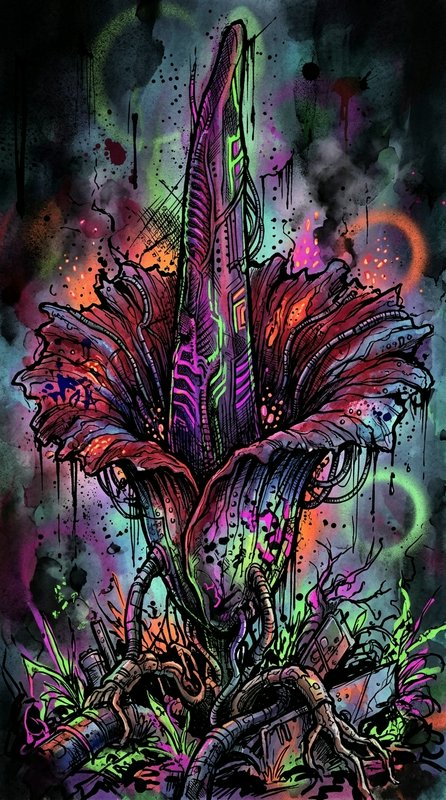 Biomechanical cyberpunk alien flower growing from rubble in vivid ink and watercolor illustration