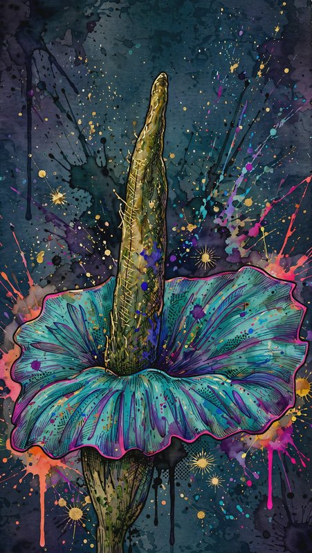 Surreal illustrated teal corpse flower against a dark background filled with colorful paint splatters