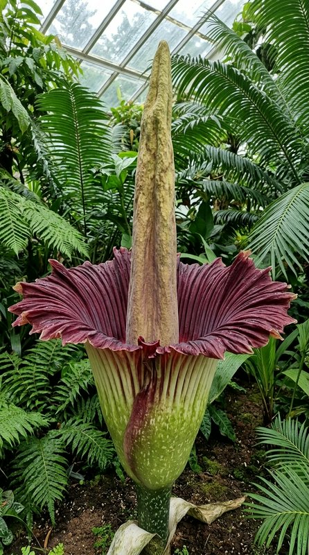 Fully bloomed corpse flower stands tall among tropical foliage inside a glass greenhouse