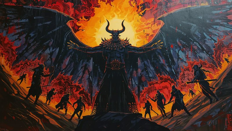 Towering horned demon overlord stands with outstretched arms above advancing warrior armies in a fiery hell chasm