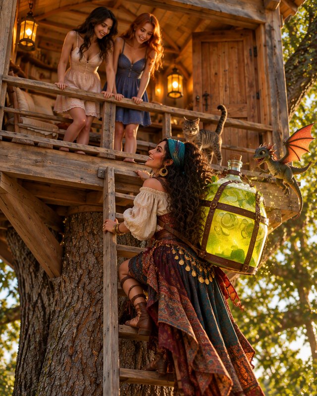 Fantasy witch climbs a rustic treehouse ladder greeted by friends, a tabby cat, and tiny pet dragon at golden hour