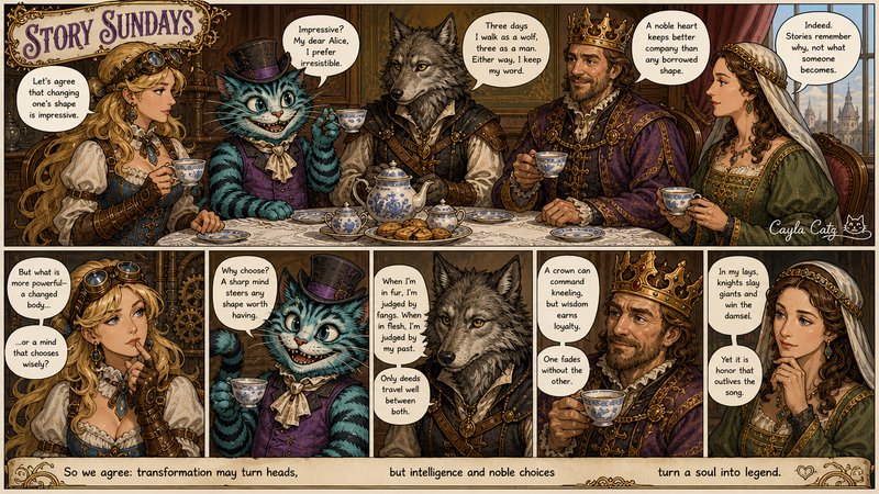 Story Sundays fantasy comic strip of fairy tale characters gathered for a philosophical tea party