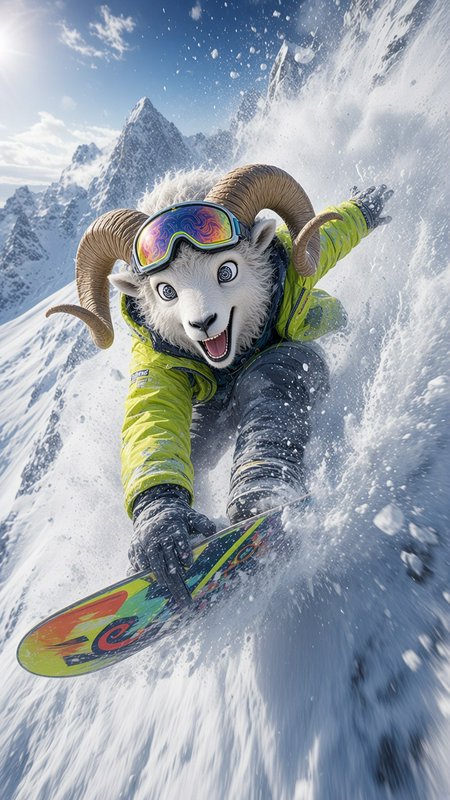 Anthropomorphic ram in ski gear snowboards down a steep snowy mountain slope