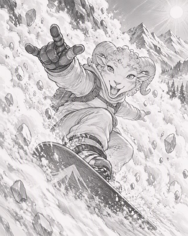 Cheerful anthropomorphic ram snowboards down a steep snowy mountain slope reaching toward the viewer